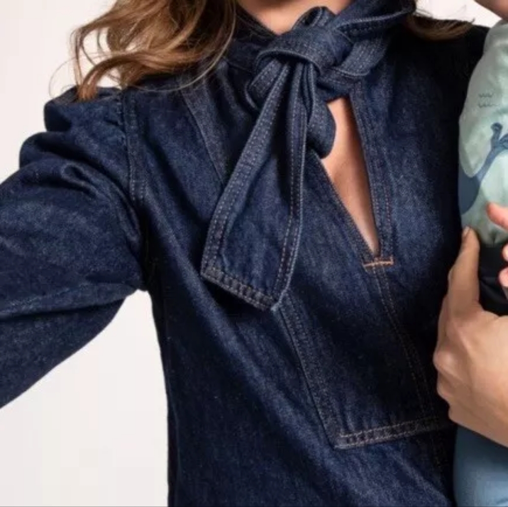 Zara Z1970 Denim Blouse  Shirt Detail Tie Bow Dark Blue Sz M NWT